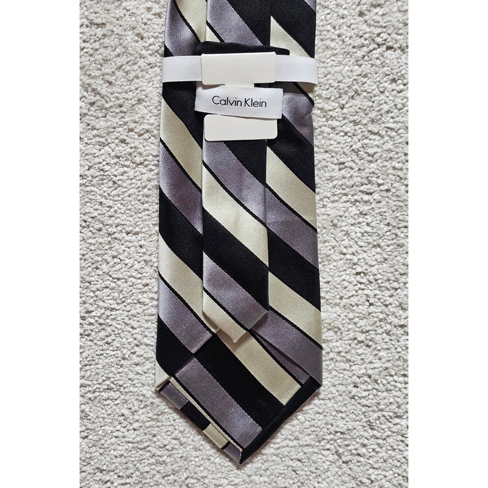 Calvin Klein Mens Striped Silk Blend Tie Black‎ Grey Cream Formal Business